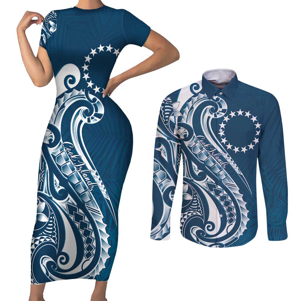 Kia Orana Cook Islands Couples Matching Short Sleeve Bodycon Dress and Long Sleeve Button Shirt Auika Plumeria Tropical Waves - Polynesian Pride