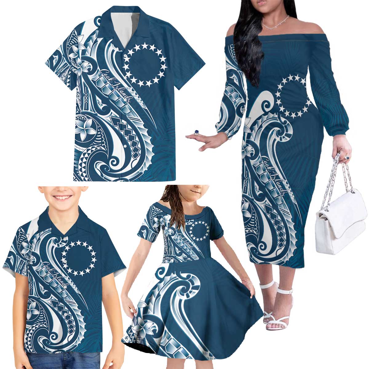 Kia Orana Cook Islands Family Matching Off The Shoulder Long Sleeve Dress and Hawaiian Shirt Auika Plumeria Tropical Waves - Polynesian Pride