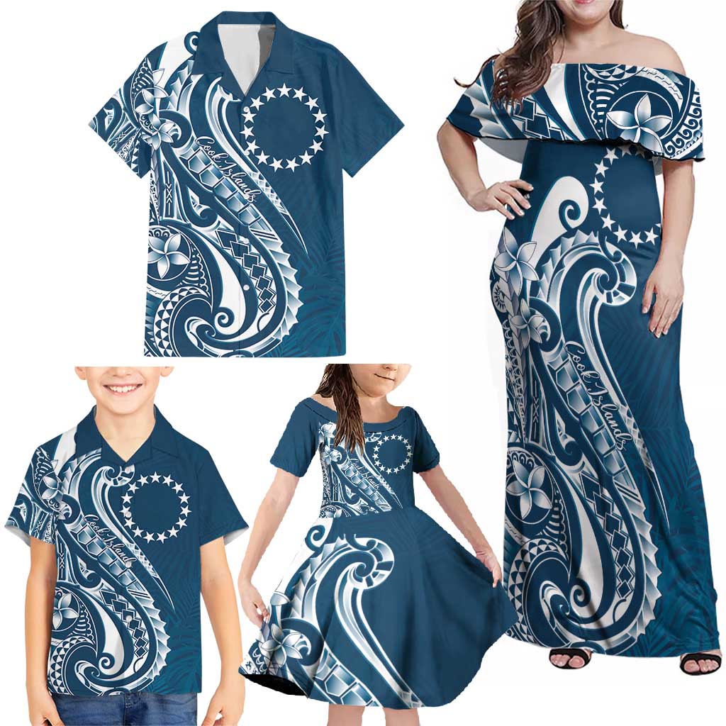 Kia Orana Cook Islands Family Matching Off Shoulder Maxi Dress and Hawaiian Shirt Auika Plumeria Tropical Waves - Polynesian Pride