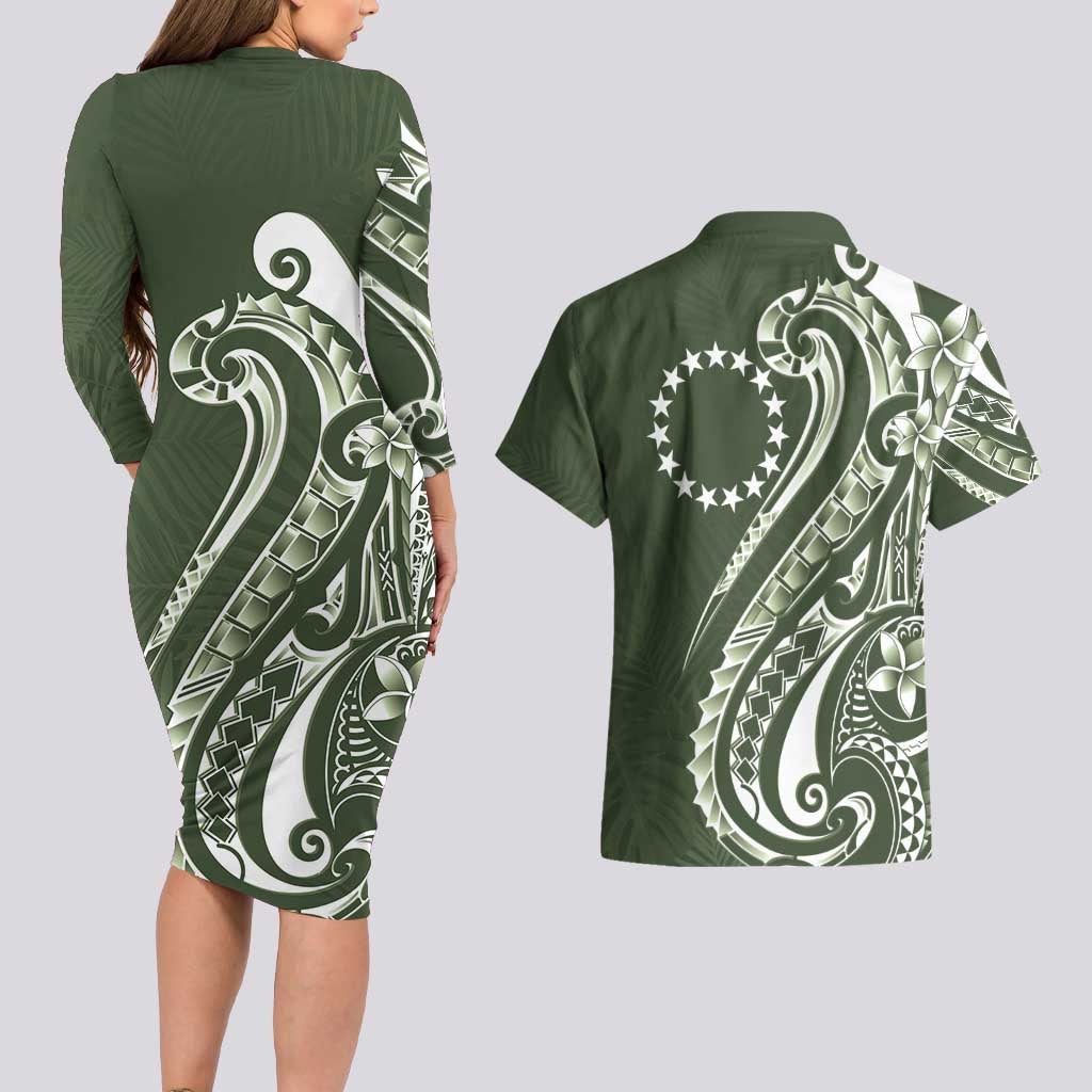 Kia Orana Cook Islands Couples Matching Long Sleeve Bodycon Dress and Hawaiian Shirt Matie Plumeria Tropical Waves - Polynesian Pride