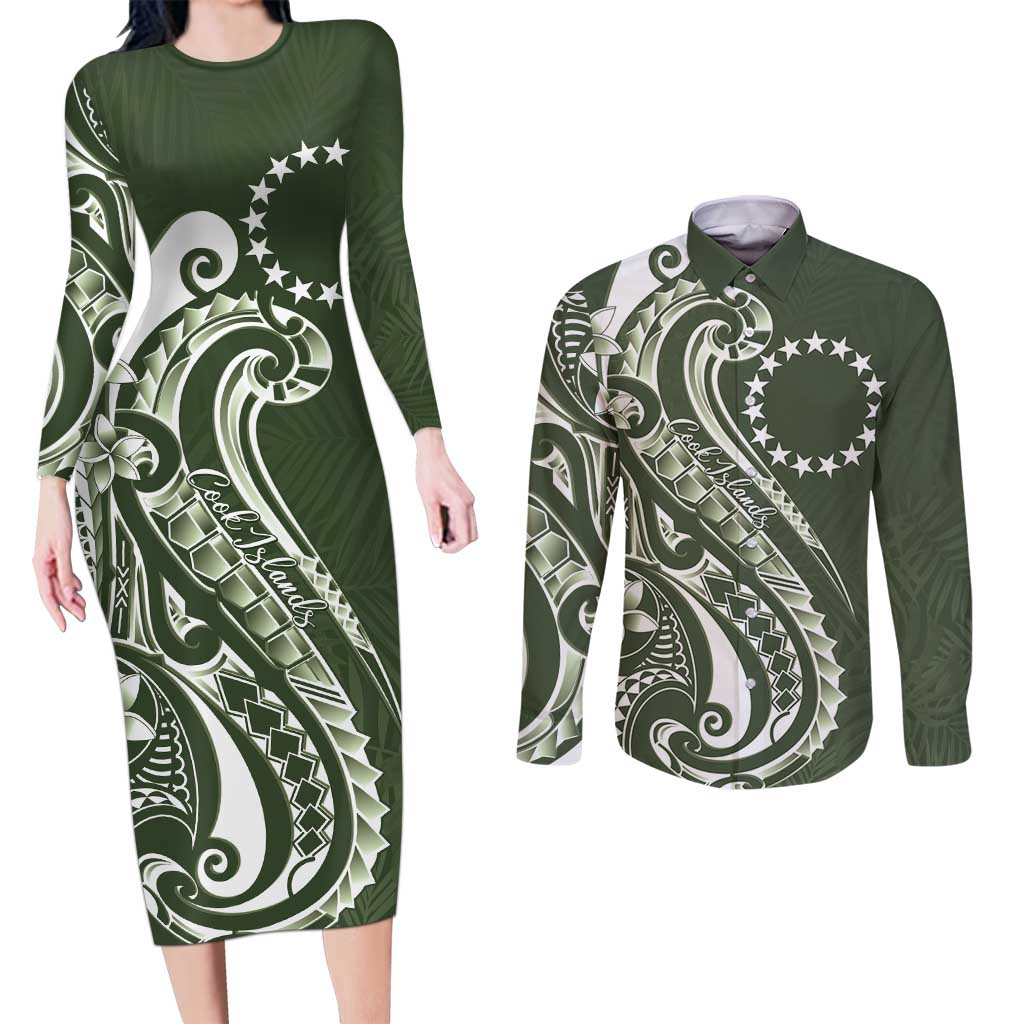 Kia Orana Cook Islands Couples Matching Long Sleeve Bodycon Dress and Long Sleeve Button Shirt Matie Plumeria Tropical Waves - Polynesian Pride