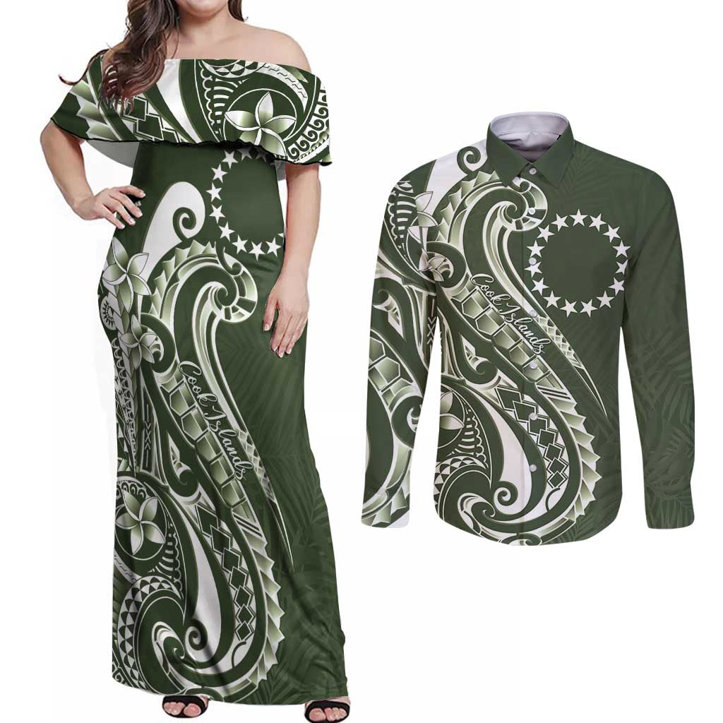 Kia Orana Cook Islands Couples Matching Off Shoulder Maxi Dress and Long Sleeve Button Shirt Matie Plumeria Tropical Waves - Polynesian Pride