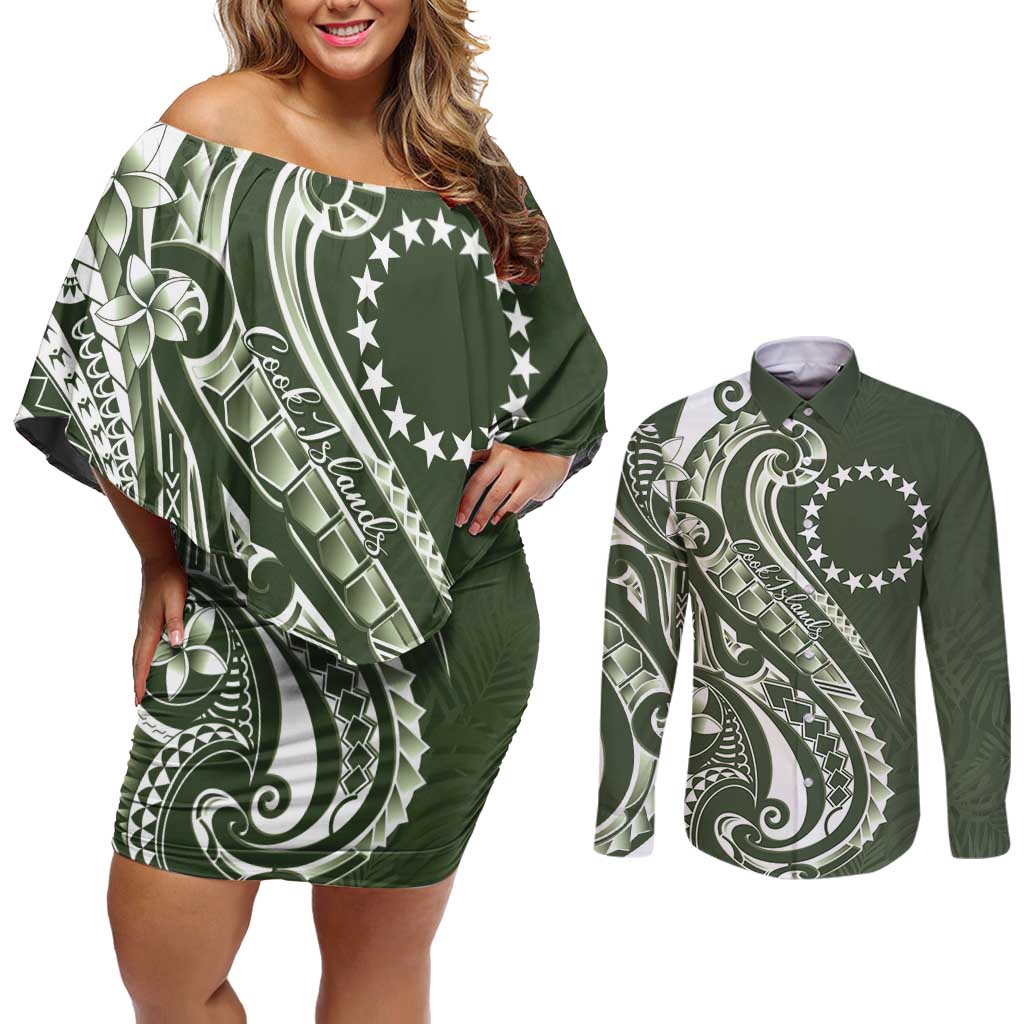 Kia Orana Cook Islands Couples Matching Off Shoulder Short Dress and Long Sleeve Button Shirt Matie Plumeria Tropical Waves - Polynesian Pride
