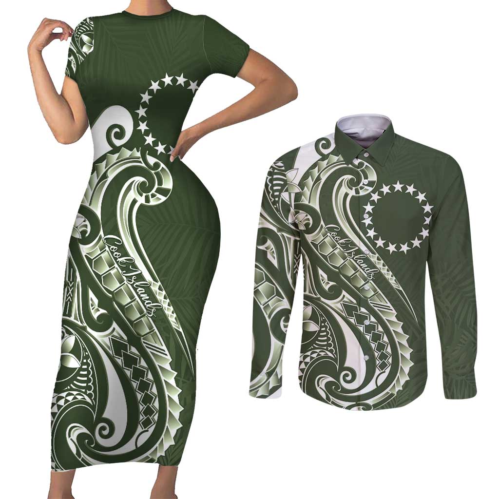 Kia Orana Cook Islands Couples Matching Short Sleeve Bodycon Dress and Long Sleeve Button Shirt Matie Plumeria Tropical Waves - Polynesian Pride