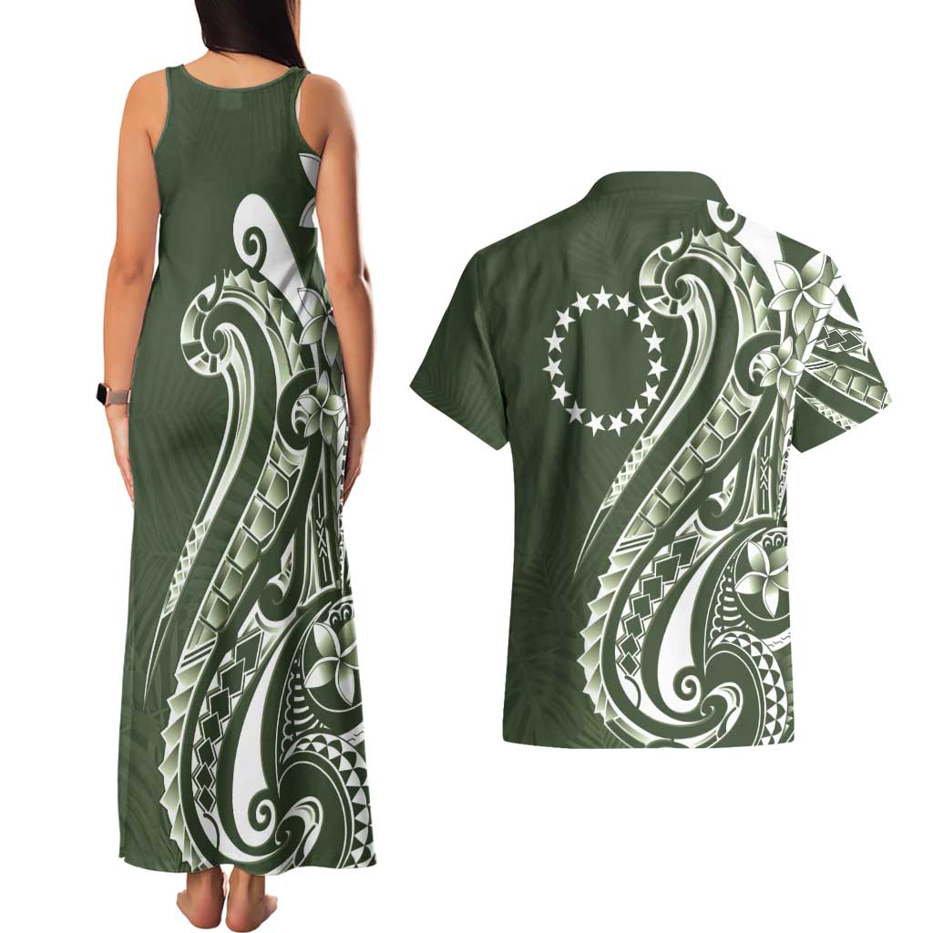 Kia Orana Cook Islands Couples Matching Tank Maxi Dress and Hawaiian Shirt Matie Plumeria Tropical Waves - Polynesian Pride
