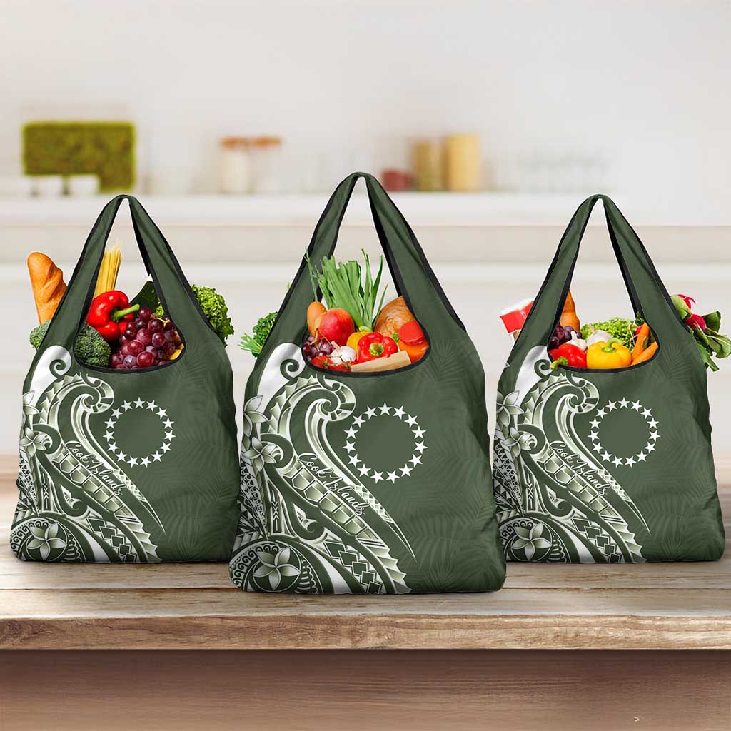 Kia Orana Cook Islands Grocery Bag Matie Plumeria Tropical Waves LT7 3-pack One Size Sage Green - Polynesian Pride