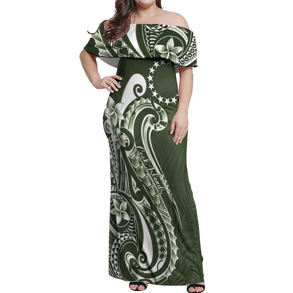 Kia Orana Cook Islands Off Shoulder Maxi Dress Matie Plumeria Tropical Waves - Polynesian Pride