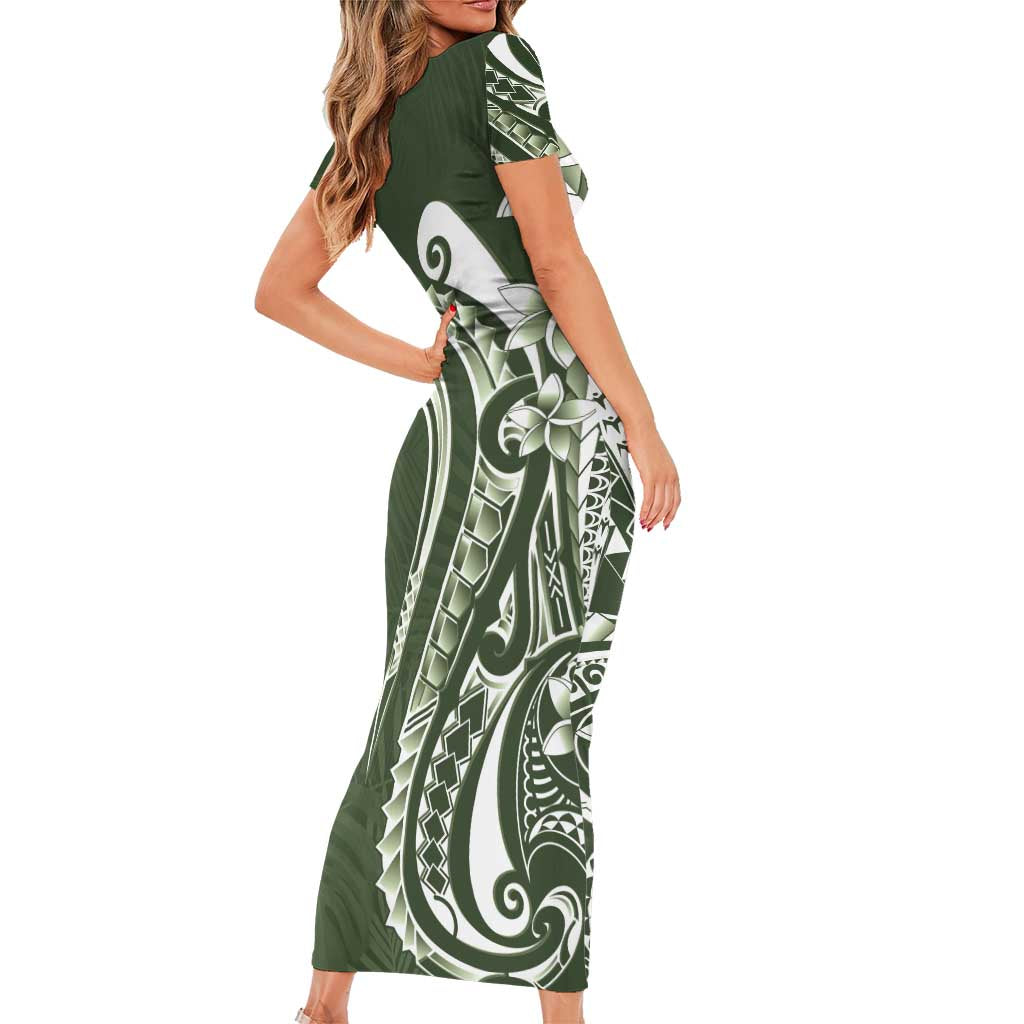 Kia Orana Cook Islands Short Sleeve Bodycon Dress Matie Plumeria Tropical Waves - Polynesian Pride