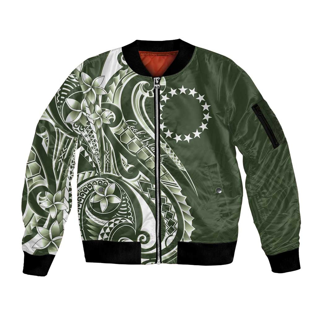 Kia Orana Cook Islands Sleeve Zip Bomber Jacket Matie Plumeria Tropical Waves - Polynesian Pride