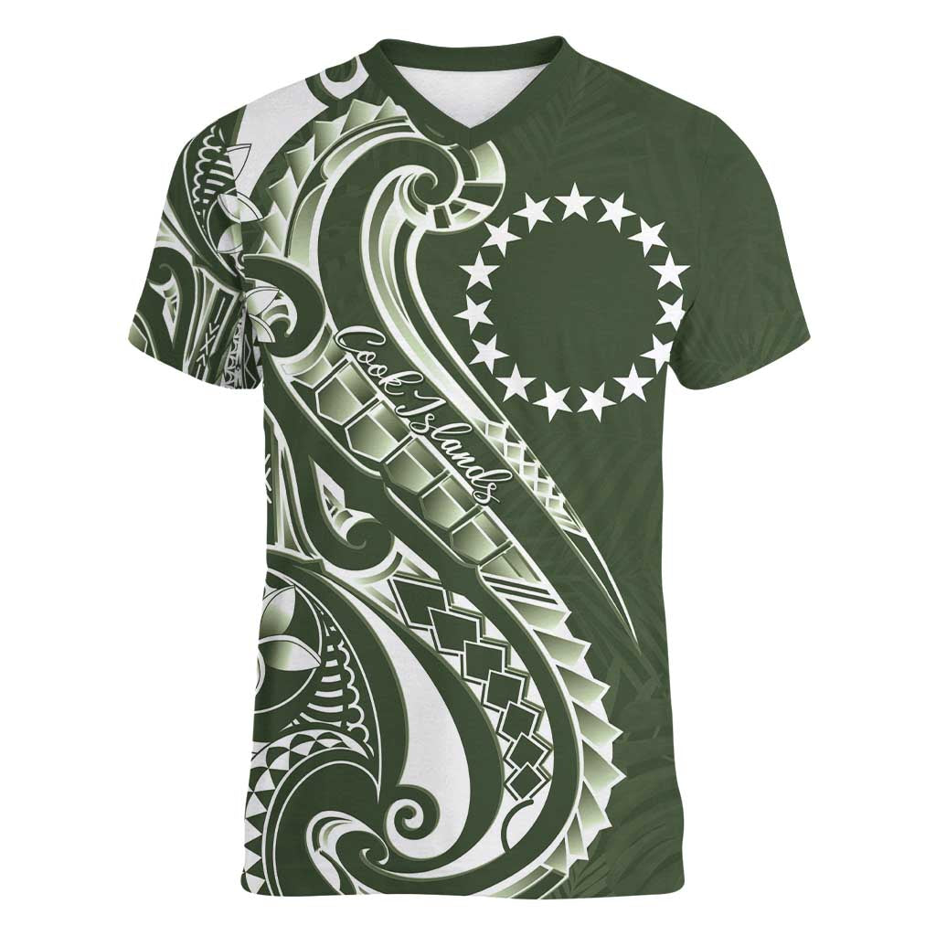 Kia Orana Cook Islands Women V-Neck T-Shirt Matie Plumeria Tropical Waves - Polynesian Pride