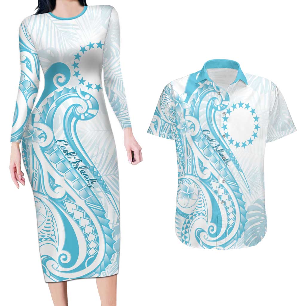 Kia Orana Cook Islands Couples Matching Long Sleeve Bodycon Dress and Hawaiian Shirt Moana Plumeria Tropical Waves - Polynesian Pride