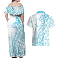 Kia Orana Cook Islands Couples Matching Off Shoulder Maxi Dress and Hawaiian Shirt Moana Plumeria Tropical Waves - Polynesian Pride