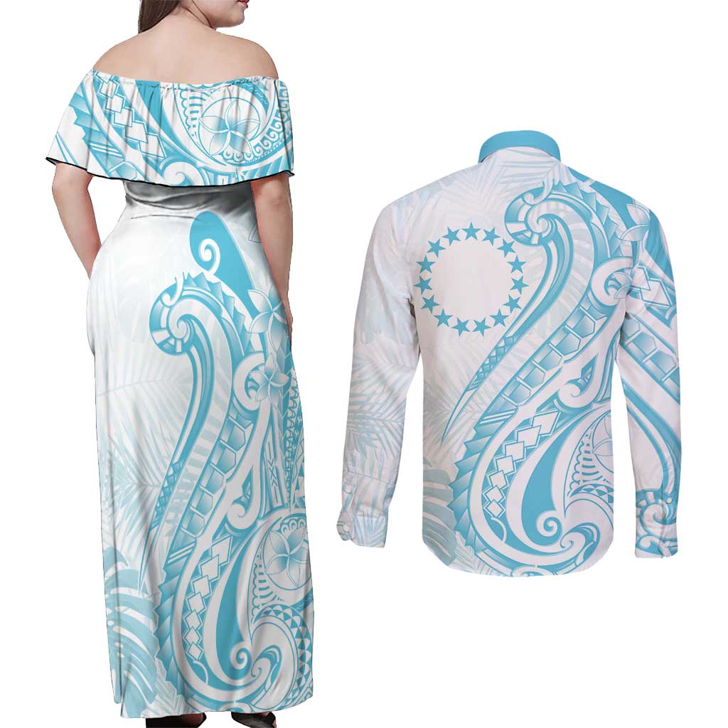 Kia Orana Cook Islands Couples Matching Off Shoulder Maxi Dress and Long Sleeve Button Shirt Moana Plumeria Tropical Waves - Polynesian Pride