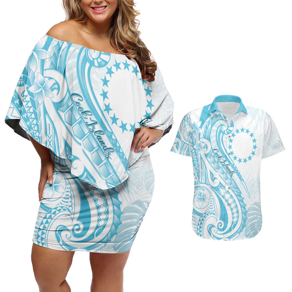 Kia Orana Cook Islands Couples Matching Off Shoulder Short Dress and Hawaiian Shirt Moana Plumeria Tropical Waves - Polynesian Pride