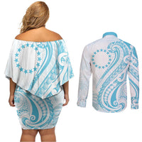 Kia Orana Cook Islands Couples Matching Off Shoulder Short Dress and Long Sleeve Button Shirt Moana Plumeria Tropical Waves - Polynesian Pride