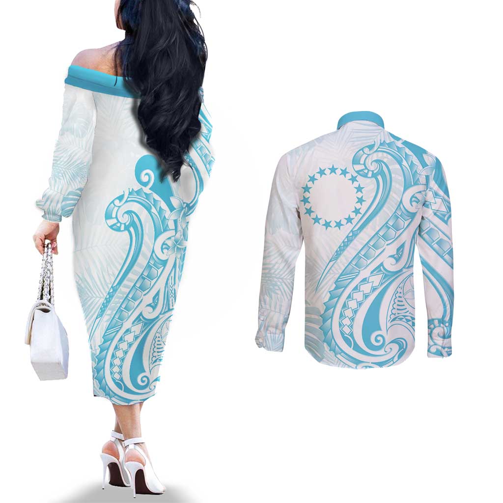 Kia Orana Cook Islands Couples Matching Off The Shoulder Long Sleeve Dress and Long Sleeve Button Shirt Moana Plumeria Tropical Waves - Polynesian Pride