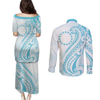 Kia Orana Cook Islands Couples Matching Puletasi and Long Sleeve Button Shirt Moana Plumeria Tropical Waves - Polynesian Pride