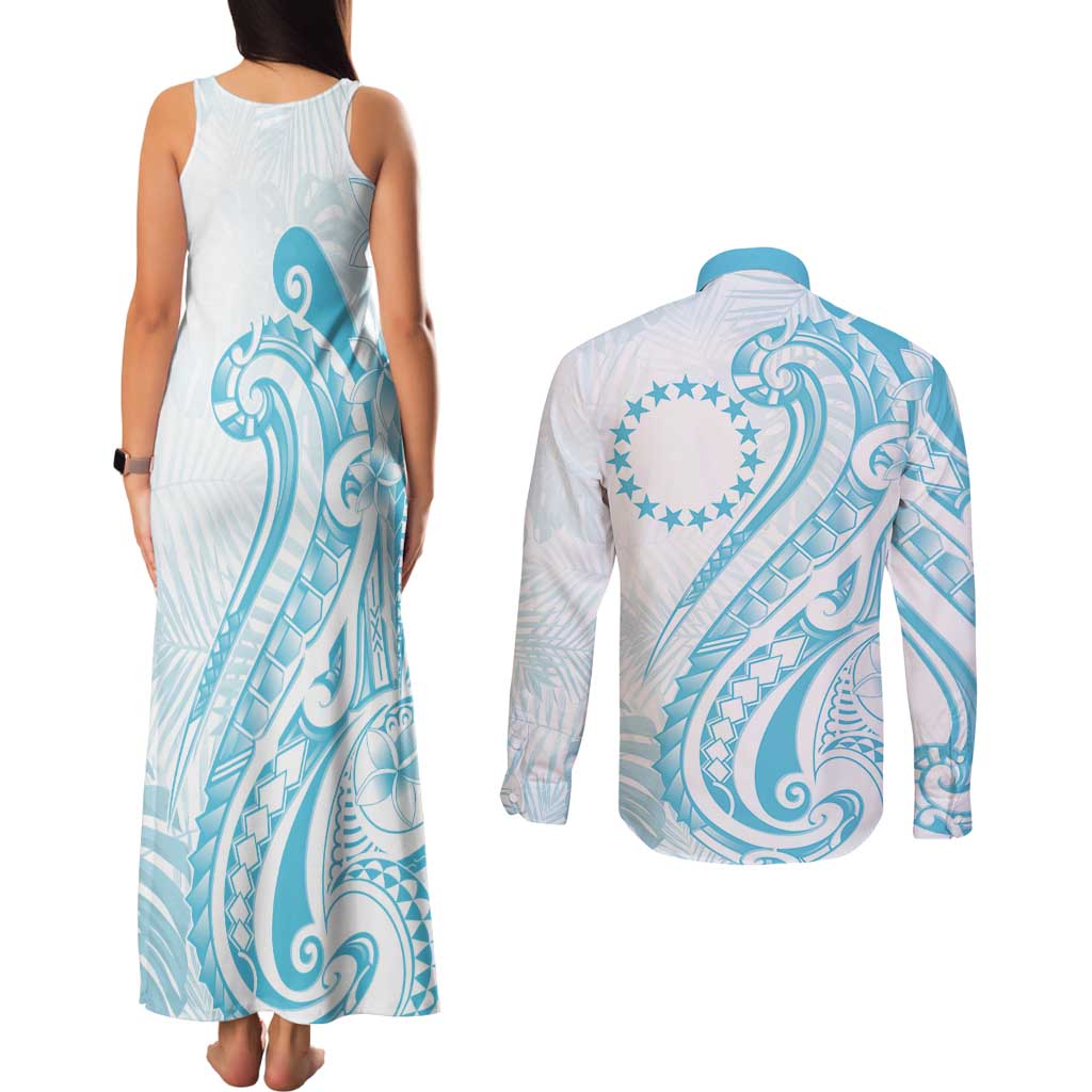 Kia Orana Cook Islands Couples Matching Tank Maxi Dress and Long Sleeve Button Shirt Moana Plumeria Tropical Waves - Polynesian Pride