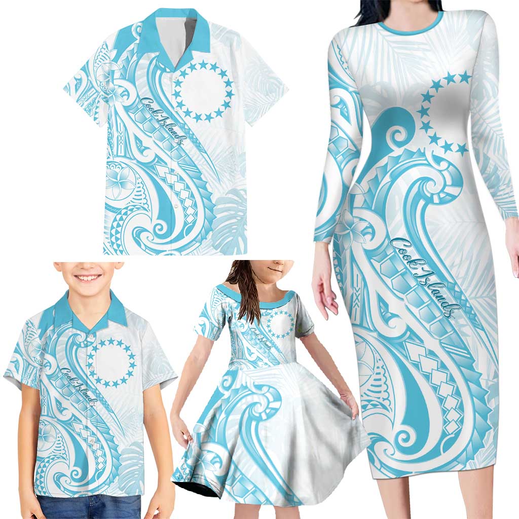 Kia Orana Cook Islands Family Matching Long Sleeve Bodycon Dress and Hawaiian Shirt Moana Plumeria Tropical Waves - Polynesian Pride