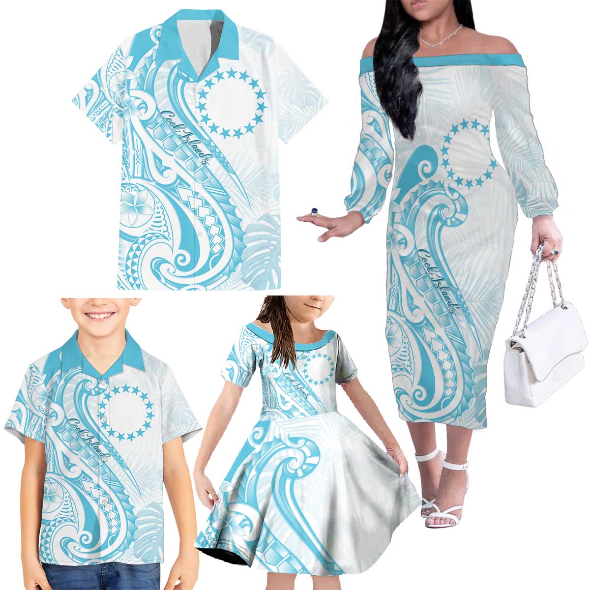 Kia Orana Cook Islands Family Matching Off The Shoulder Long Sleeve Dress and Hawaiian Shirt Moana Plumeria Tropical Waves - Polynesian Pride