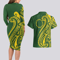 Kia Orana Cook Islands Couples Matching Long Sleeve Bodycon Dress and Hawaiian Shirt Plumeria Tropical Waves - Polynesian Pride