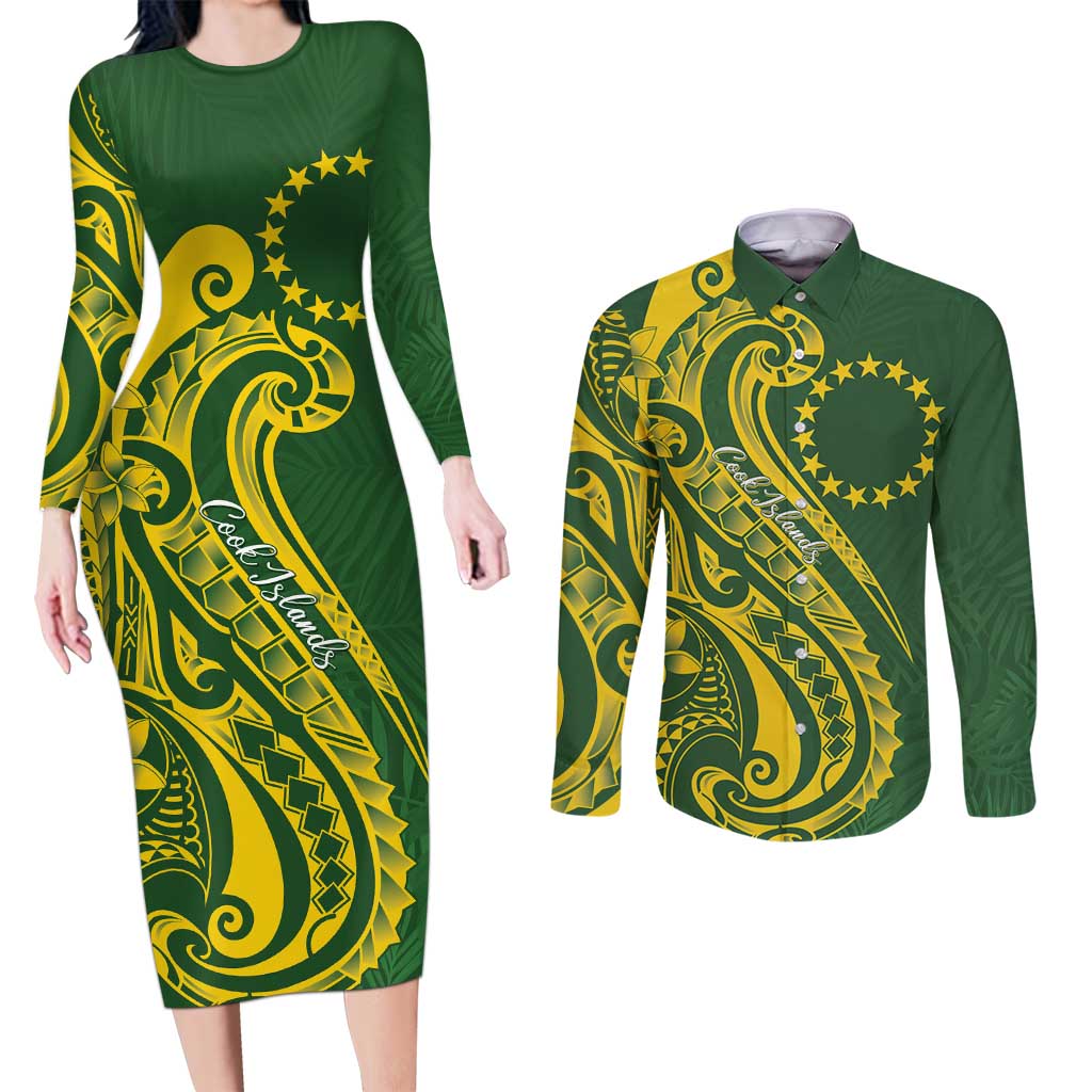 Kia Orana Cook Islands Couples Matching Long Sleeve Bodycon Dress and Long Sleeve Button Shirt Plumeria Tropical Waves - Polynesian Pride