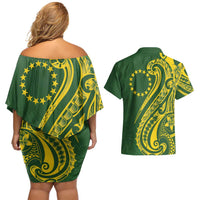 Kia Orana Cook Islands Couples Matching Off Shoulder Short Dress and Hawaiian Shirt Plumeria Tropical Waves - Polynesian Pride