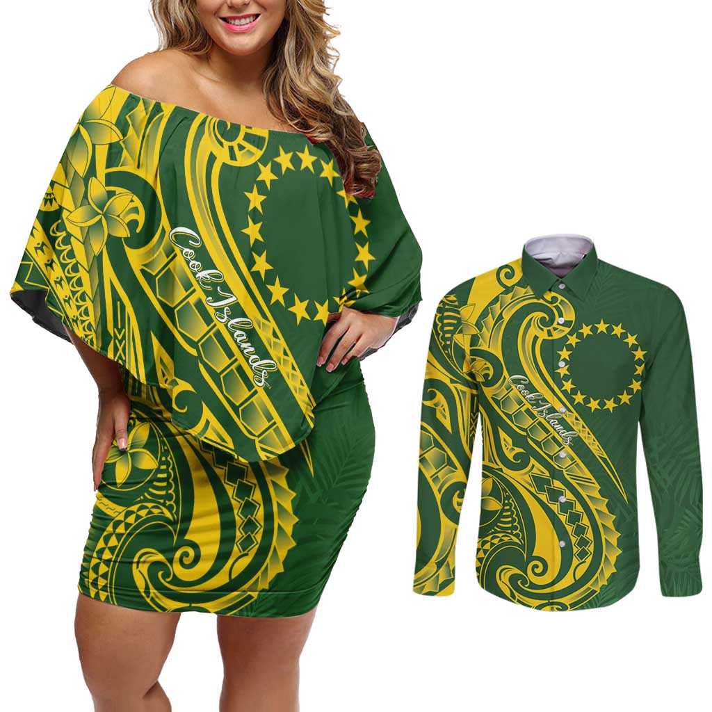 Kia Orana Cook Islands Couples Matching Off Shoulder Short Dress and Long Sleeve Button Shirt Plumeria Tropical Waves - Polynesian Pride