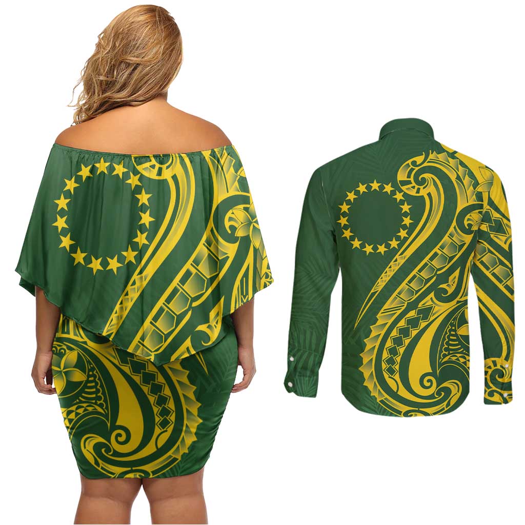 Kia Orana Cook Islands Couples Matching Off Shoulder Short Dress and Long Sleeve Button Shirt Plumeria Tropical Waves - Polynesian Pride