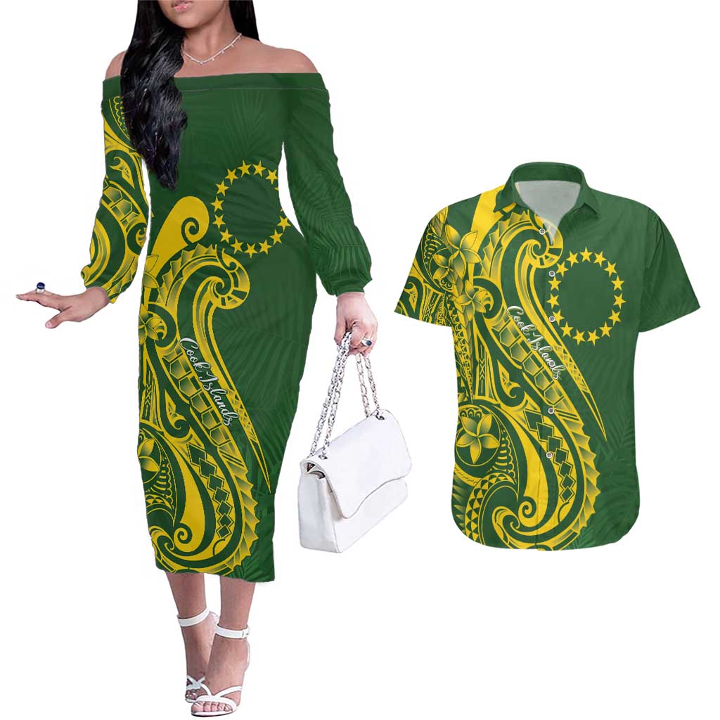 Kia Orana Cook Islands Couples Matching Off The Shoulder Long Sleeve Dress and Hawaiian Shirt Plumeria Tropical Waves - Polynesian Pride