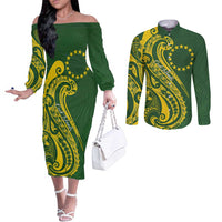 Kia Orana Cook Islands Couples Matching Off The Shoulder Long Sleeve Dress and Long Sleeve Button Shirt Plumeria Tropical Waves - Polynesian Pride