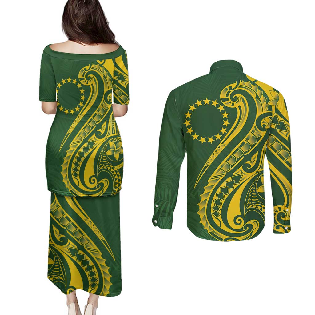 Kia Orana Cook Islands Couples Matching Puletasi and Long Sleeve Button Shirt Plumeria Tropical Waves - Polynesian Pride