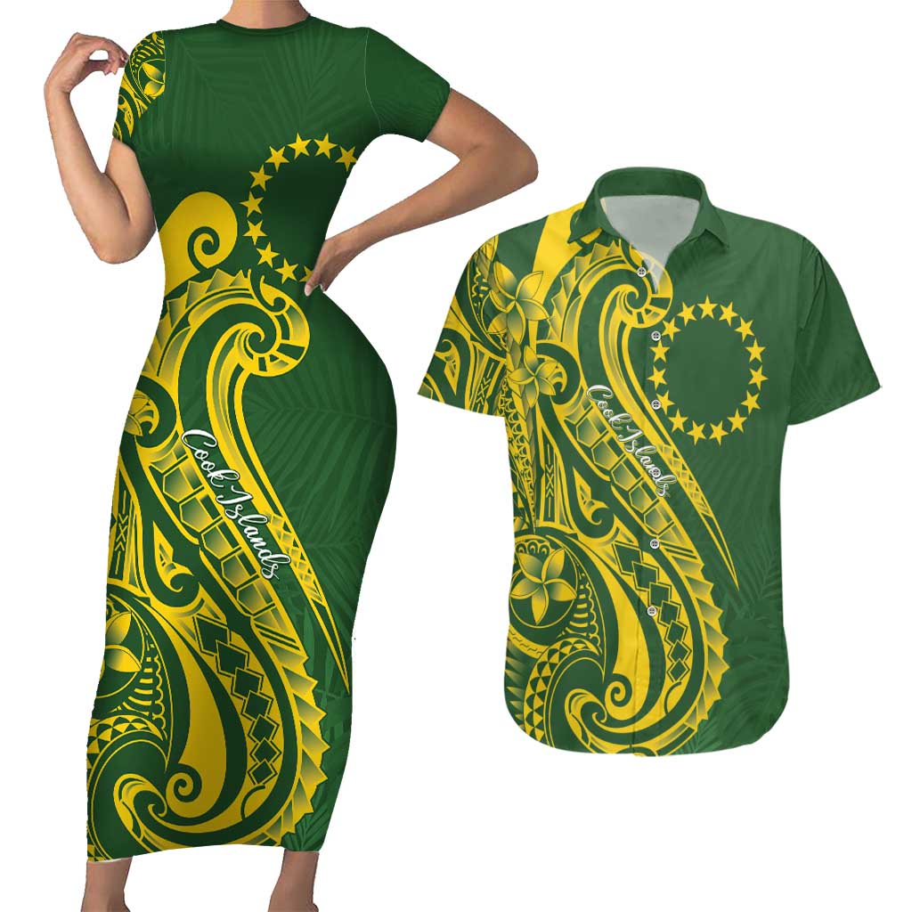 Kia Orana Cook Islands Couples Matching Short Sleeve Bodycon Dress and Hawaiian Shirt Plumeria Tropical Waves - Polynesian Pride