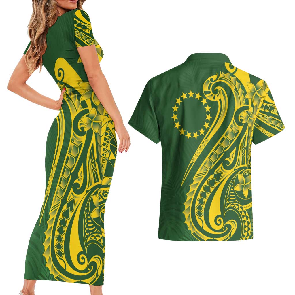Kia Orana Cook Islands Couples Matching Short Sleeve Bodycon Dress and Hawaiian Shirt Plumeria Tropical Waves - Polynesian Pride