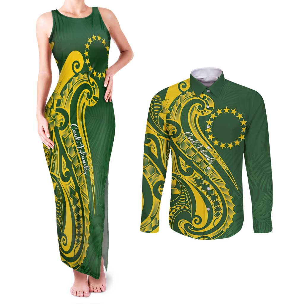 Kia Orana Cook Islands Couples Matching Tank Maxi Dress and Long Sleeve Button Shirt Plumeria Tropical Waves - Polynesian Pride