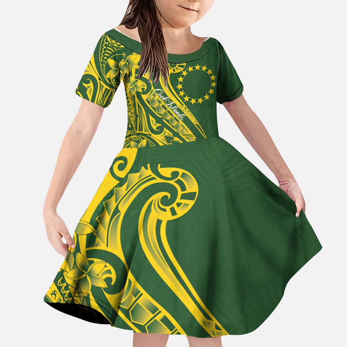 Kia Orana Cook Islands Kid Short Sleeve Dress Plumeria Tropical Waves LT7 KID Yellow Green - Polynesian Pride