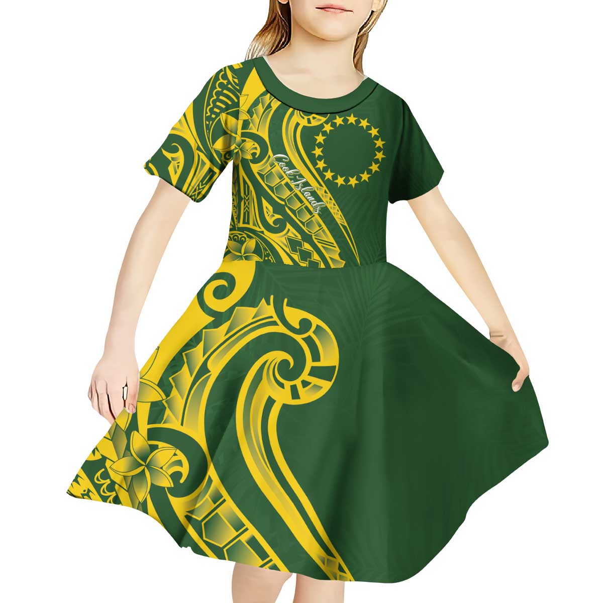 Kia Orana Cook Islands Kid Short Sleeve Dress Plumeria Tropical Waves LT7 - Polynesian Pride