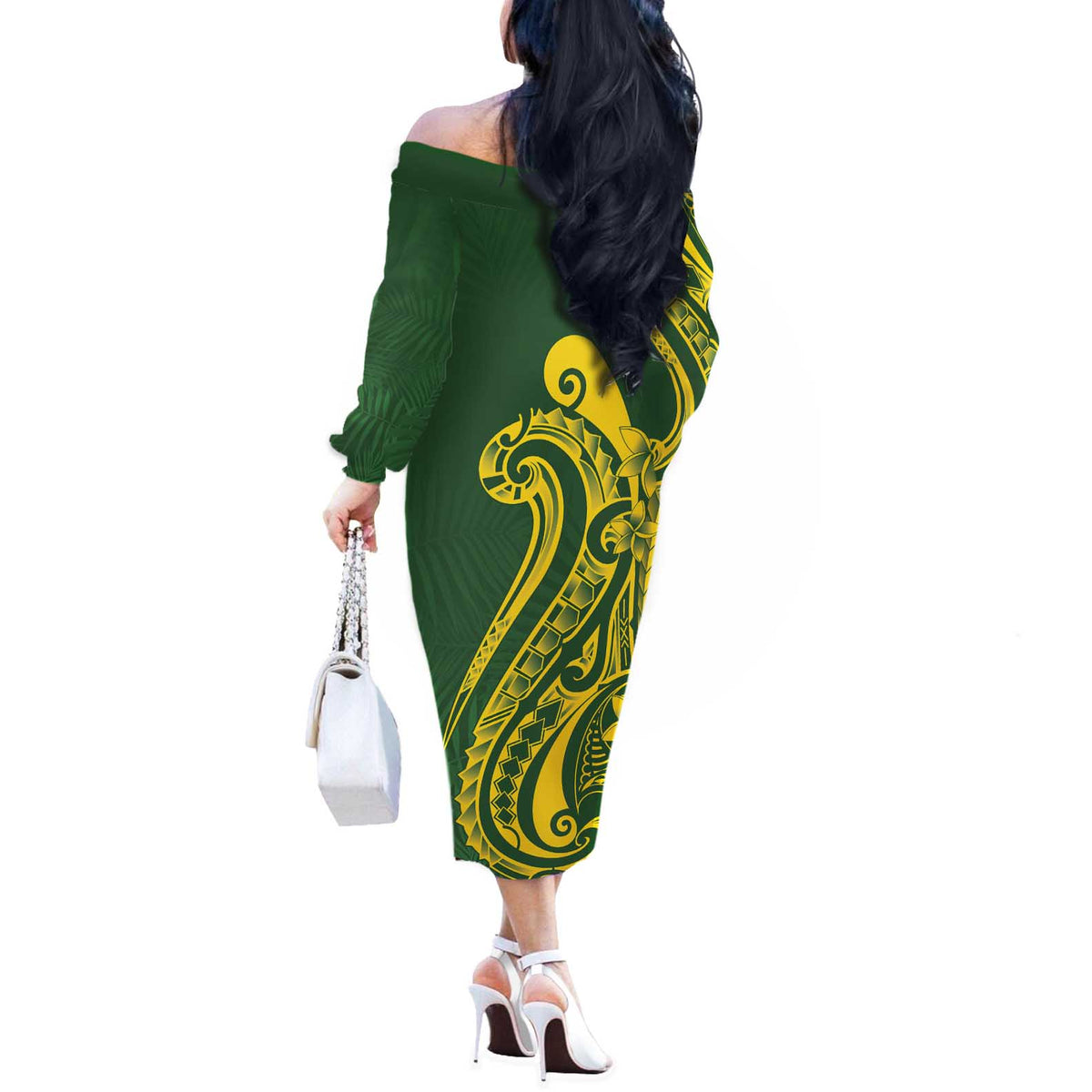 Kia Orana Cook Islands Off The Shoulder Long Sleeve Dress Plumeria Tropical Waves - Polynesian Pride