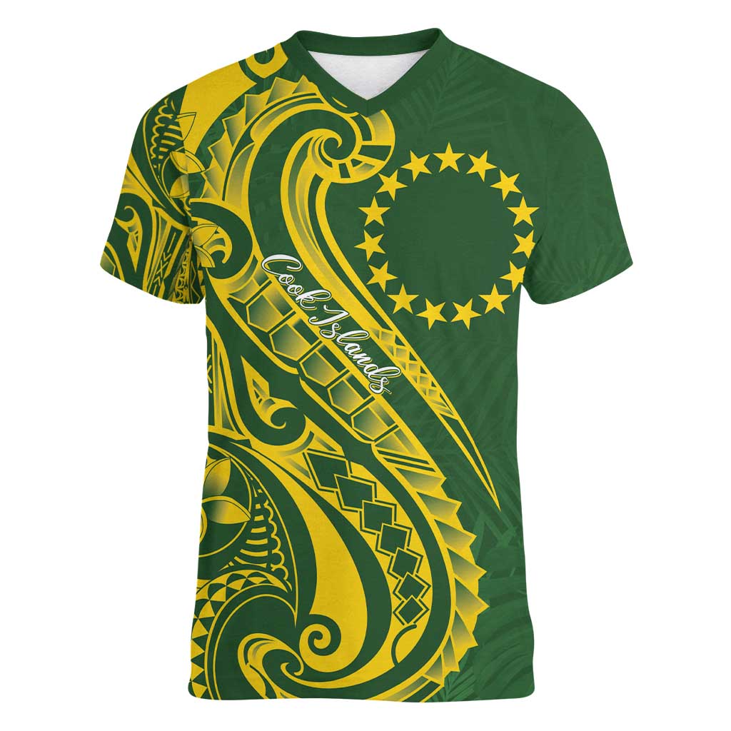 Kia Orana Cook Islands Women V-Neck T-Shirt Plumeria Tropical Waves - Polynesian Pride