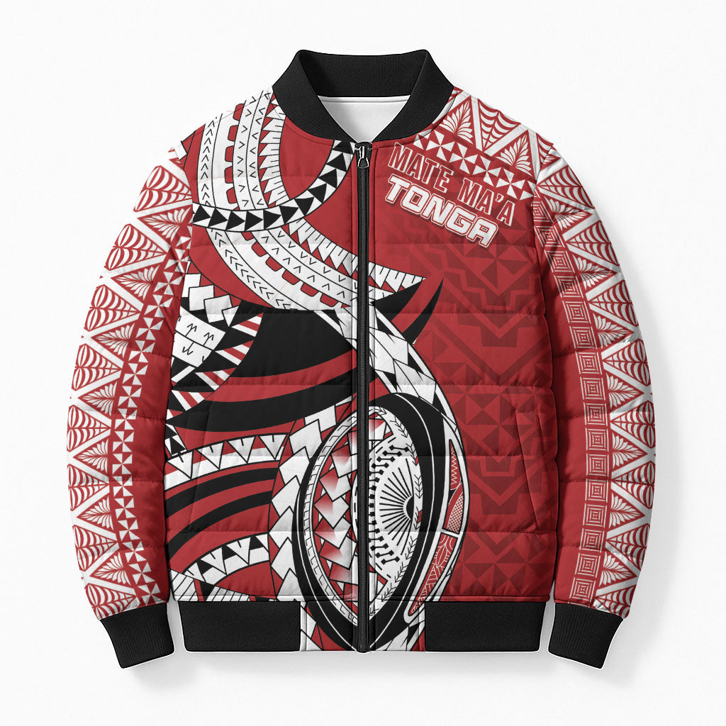 Mate Ma'a Tonga Rugby Custom Kupesi Motifs Bomber Puffer Jacket Red Waves LT7 Unisex Red - Polynesian Pride