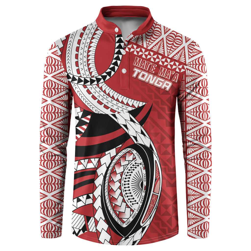 Mate Ma'a Tonga Rugby Custom Kupesi Motifs Button Sweatshirt Red Waves LT7 Red - Polynesian Pride