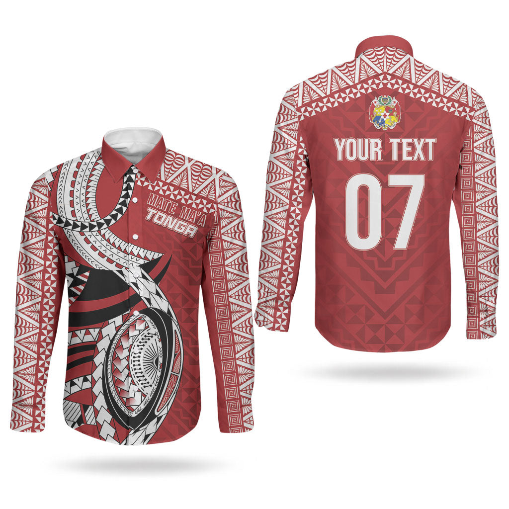 Mate Ma'a Tonga Rugby Custom Kupesi Motifs Couples Matching Off Shoulder Short Dress and Long Sleeve Button Shirt Red Waves LT7 - Polynesian Pride
