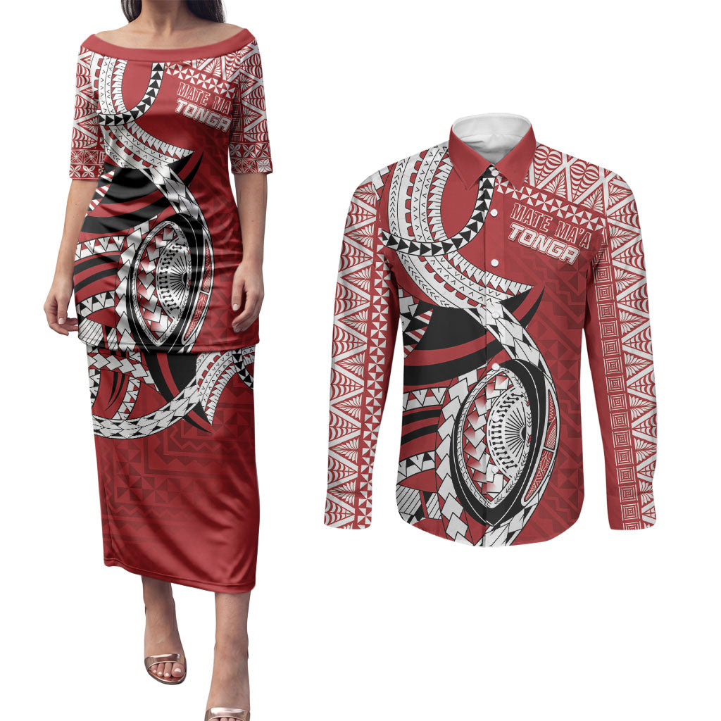 Mate Ma'a Tonga Rugby Custom Kupesi Motifs Couples Matching Puletasi and Long Sleeve Button Shirt Red Waves LT7 Red - Polynesian Pride