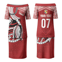 Mate Ma'a Tonga Rugby Custom Kupesi Motifs Couples Matching Puletasi and Long Sleeve Button Shirt Red Waves LT7 - Polynesian Pride