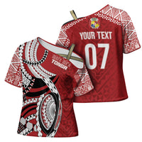 Mate Ma'a Tonga Rugby Custom Kupesi Motifs Cross Shoulder Shirt Red Waves LT7 - Polynesian Pride