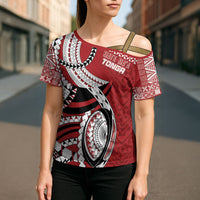 Mate Ma'a Tonga Rugby Custom Kupesi Motifs Cross Shoulder Shirt Red Waves LT7 - Polynesian Pride