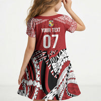 Mate Ma'a Tonga Rugby Custom Kupesi Motifs Kid Short Sleeve Dress Red Waves LT7 - Polynesian Pride