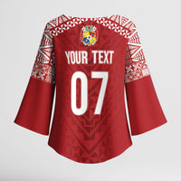 Mate Ma'a Tonga Rugby Custom Kupesi Motifs Kimono Sleeve Blouse Red Waves LT7 - Polynesian Pride