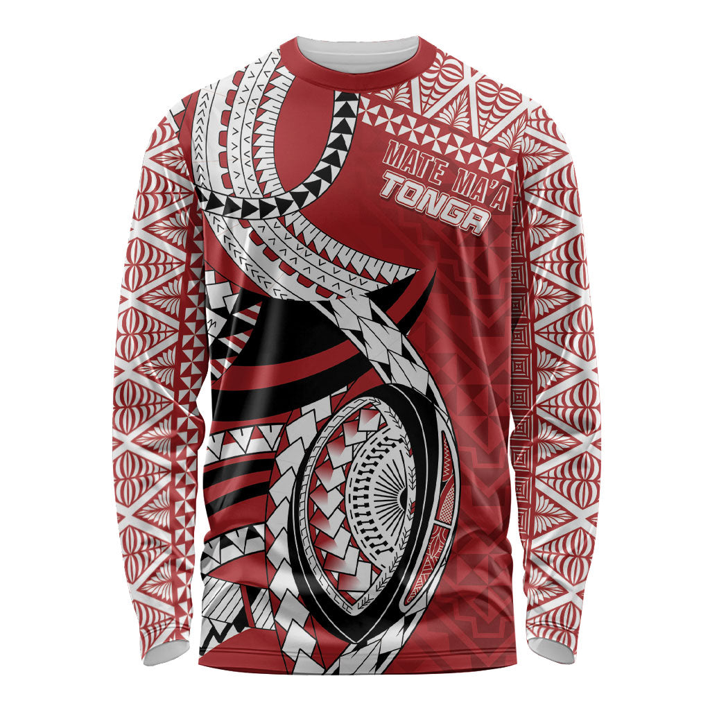 Mate Ma'a Tonga Rugby Custom Kupesi Motifs Long Sleeve Shirt Red Waves LT7 Unisex Red - Polynesian Pride