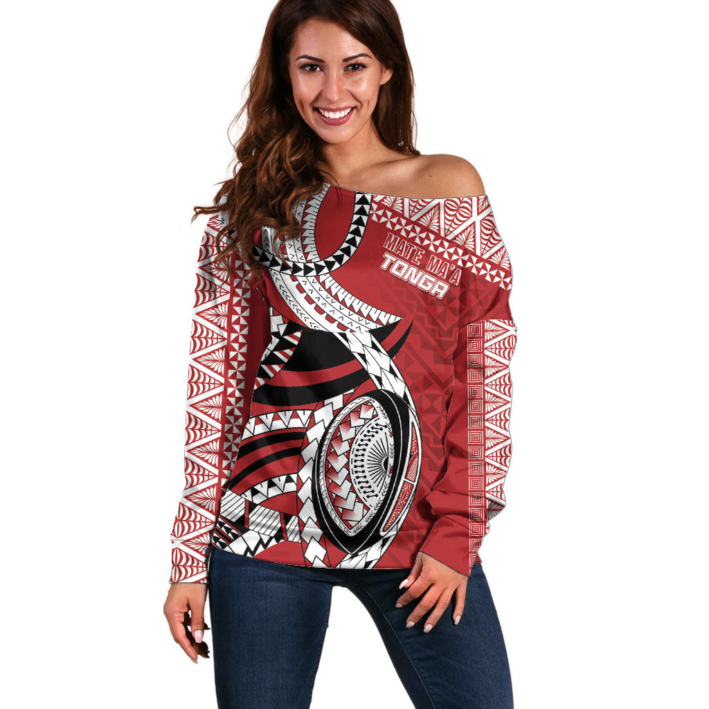 Mate Ma'a Tonga Rugby Custom Kupesi Motifs Off Shoulder Sweater Red Waves LT7 Women Red - Polynesian Pride